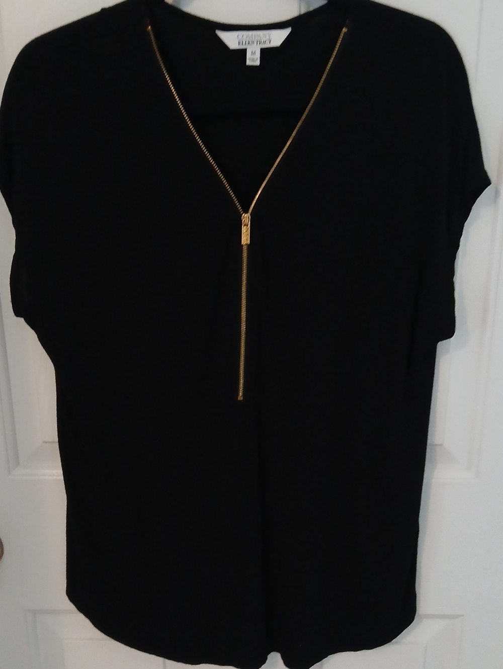 Ellen Tracy Black Short-Sleeve V-Neck Top with Gold Zip Detail, Size M
